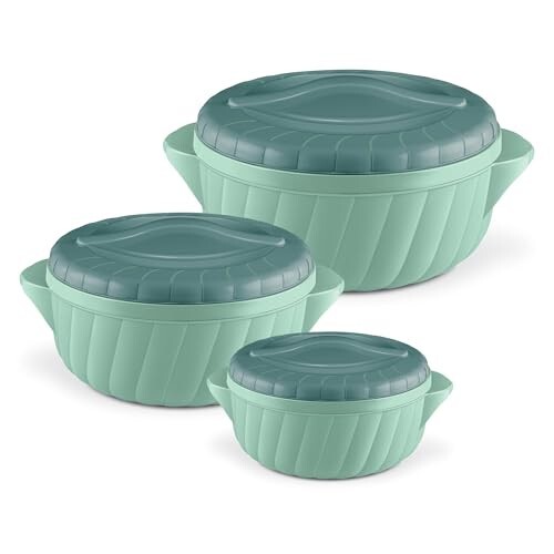 MILTON Flora Regular Set Insulated Inner Steel Casserole for Roti 3Pc (750ml 1.25L & 2.1L) Hot Box for Kitchen, Hot Pot with Lid Chapati Box, Roti Casserole, Serving Boxes, Hotcase, Light Green