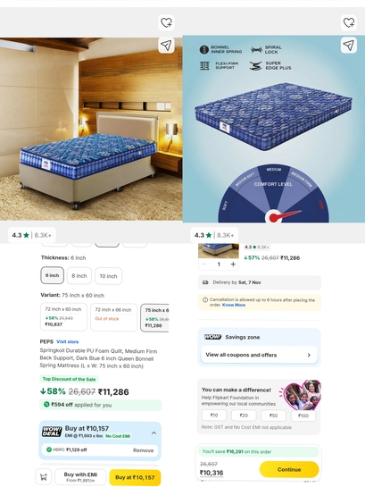 (HDFC cc price drop) PEPS Queen Mattress 4.3/5* 8.3k ratings