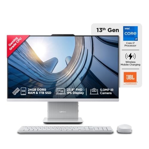 Lenovo IdeaCentre AIO Intel Core i7-13620H 24" FHD (24GB RAM/1TB SSD/Win11/Microsoft 365 Basic + Office Home 2024/Wireless Charging/Wireless EOS Keyboard & Mouse,Grey) All-in-One Desktop