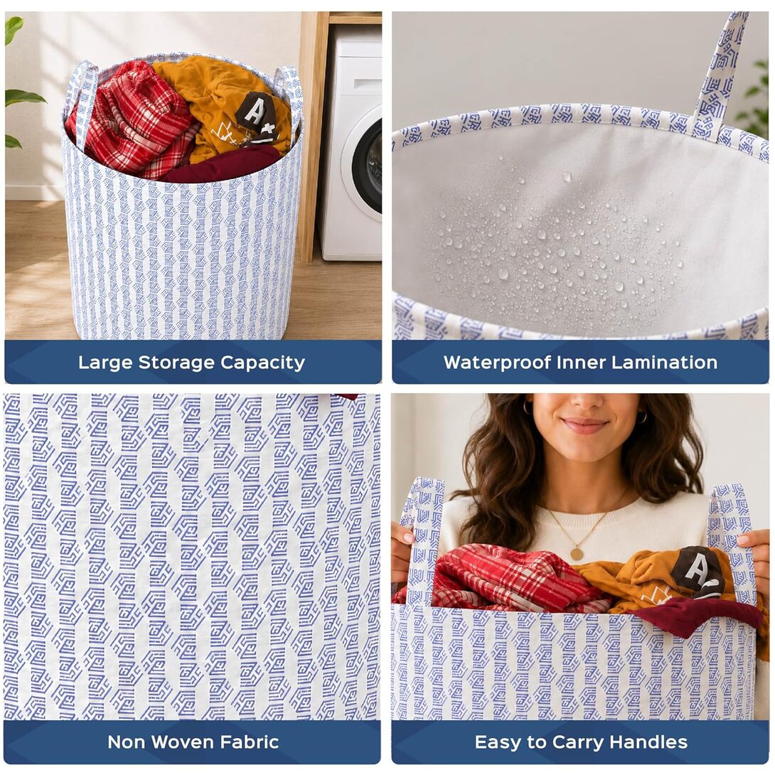 Homestrap 45L White Round Non-Woven Printed Laundry Basket for Clothes Storage | Foldable Waterproof Laundry Hamper with Handles