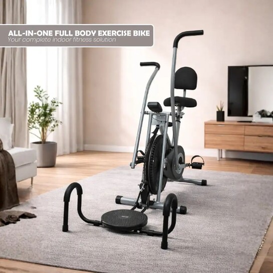 BLESSFIT Exercise Bike Multi Moving Handle Cardio Cycle with Backrest Twister Pushup Dual-Action Stationary Exercise Bike (Black)