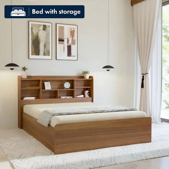 neuspace Sydney Engineered Wood King Box Bed, 221 cm x 194 cm (7.25 ft x 6.36 ft) (Finish Color - Leon Teak, Delivery Condition - Knock Down)