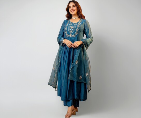 Nermosa Women Embroidery Solid A-Line Kurta and Pant Set with Dupatta