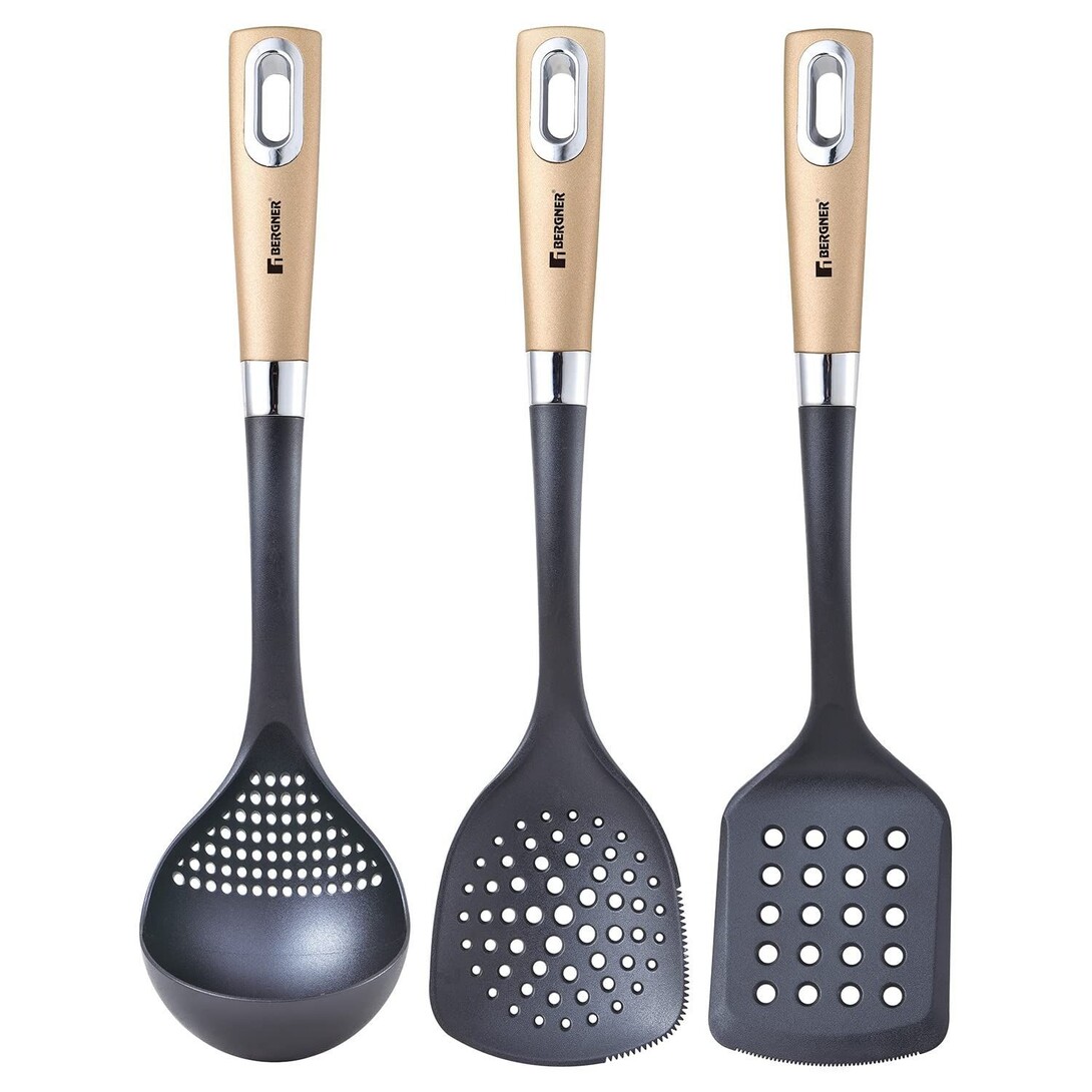 Bergner Centro 3 Pcs Nylon Kitchen Tool Set, 1 Slotted Turner, 1 Ladle and 1 Skimmer, Non-Toxic, Food Safe, Comfortable Grip - Black