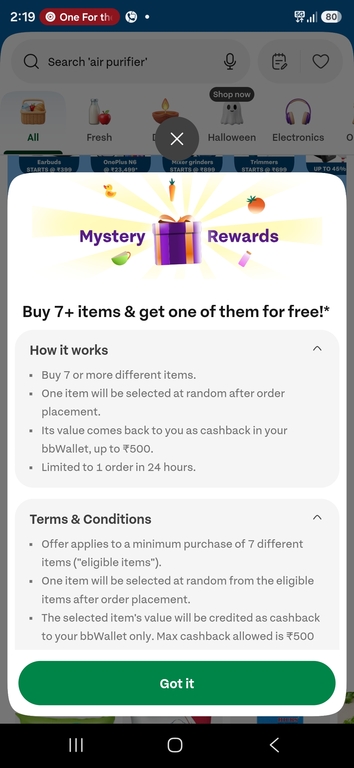 BIGBASKET Mystery Rewards Buy 7+ items & get one of them for free!
