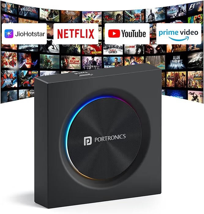 Portronics Tune Prime CarPlay & Android Auto Adapter, Stream YouTube, Netflix, JioHotstar on Car Screen, Converts Wired to Wireless, 