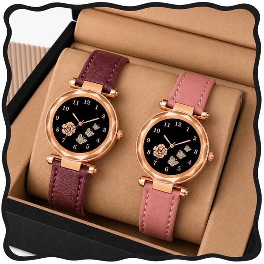 FROZIL Stylish Rose Gold Case Flowers Dingers Black Dial Leathers Strap Combo Watches for Girls and Women Analog Watch for Women