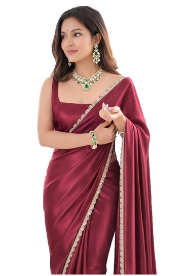 SATAZ Ready To Wear Saree For Women Satin Silk Readymade Stitched Scalloped Border With Unstitched Blouse (Red Maroon)