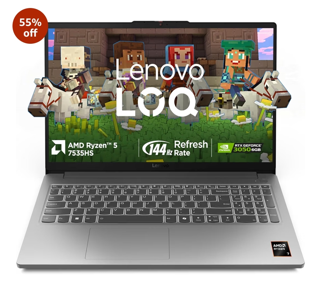 Lenovo LOQ Essential AMD Ryzen 5 7535HS | NVIDIA RTX 3050 6GB (16GB RAM/512GB SSD/FHD IPS/144Hz Refresh Rate/15.6" (39.6cm)/Windows 11/Office Home 2024/Grey/1.8Kg), 83S000JCIN Gaming Laptop