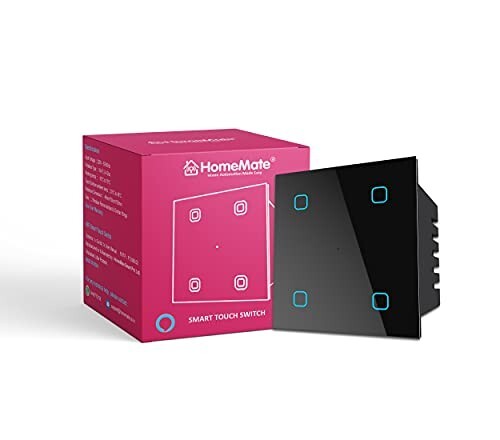 HomeMate® Wi-Fi Smart 4 Gang Touch Switch (Black, Pack of 1) | No Hub Required | Works with Amazon Alexa, 