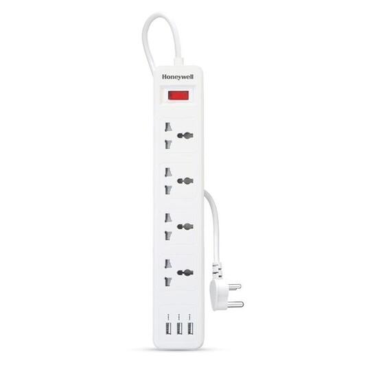 Honeywell 4 Outlet Extension Board with Master Switch, 6 Amps, 250V, 3xUSB, 4 International Sockets, Pure Copper,
