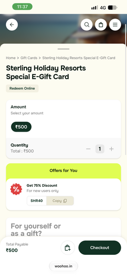Sterling Holiday Resort Gift card at 75% off