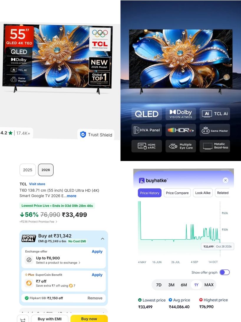 [59% OFF + SBI CC ₹2,150 + all time low] @₹31,349 TCL T6D 55-inch QLED 4K Smart Google TV (2026) — 4.2, 17.4K+ Ratings
