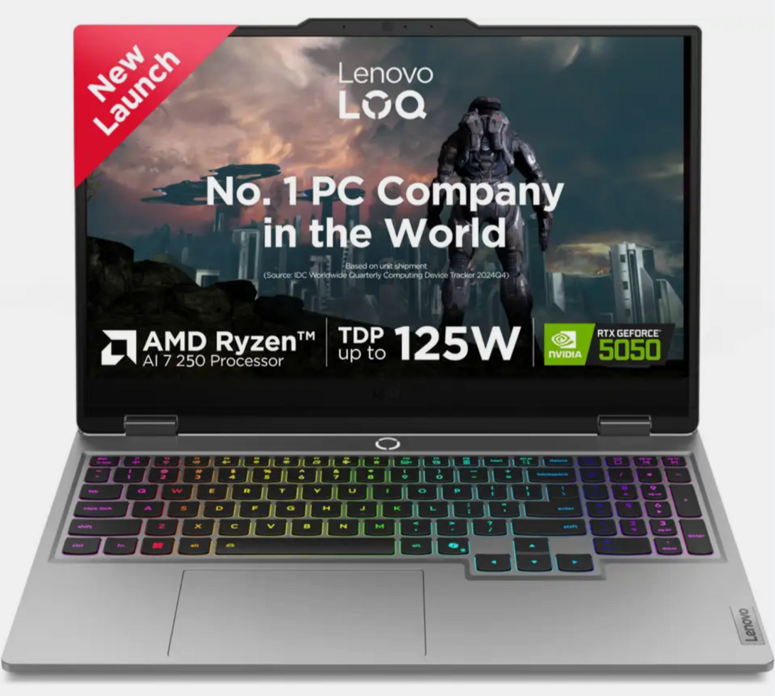 Lenovo LOQ 2025 AMD Ryzen 7 Octa Core 250 - (16 GB/512 GB SSD/Windows 11 Home/8 GB Graphics/NVIDIA GeForce RTX 5050) LOQ 15AHP10 Gaming Laptop (15.6 inch, Luna Grey, 2.4 kg, With MS Office)