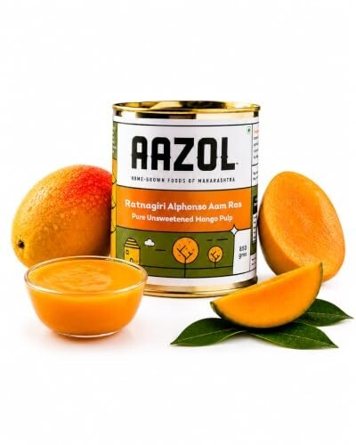 Aazol Ratnagiri Alphonso Aam Ras: Pure Unsweetened Mango Pulp - 850g | NO Preservatives | NO Added Sugar | GI Tagged Alphonso Mangoes | Export Quality