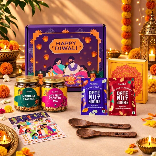Gladful Diwali Gift Box | 7 Items | A Festive Assortment of Makhana Cracker, Cocktail Nut Mix & Date Nut Square Bites | Premium Gift Hamper with Greeting Card for Family & Friends