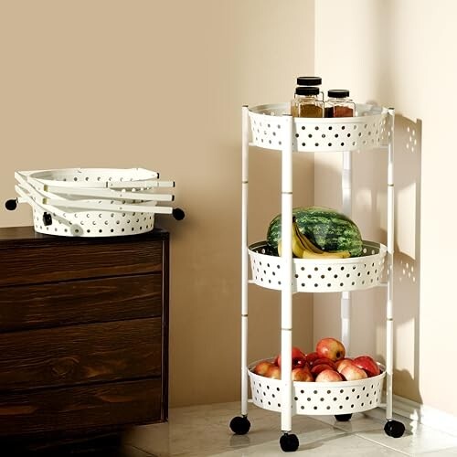 Lifelong 3-Tier Foldable Kitchen Storage Rack with Wheels (White)