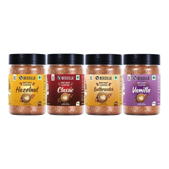 Bevzilla 50 Grams X 4 Flavoured Instant Coffee Powder Pack Box of Colombian Gold, Hazelnut, Vanilla & Butterscotch 