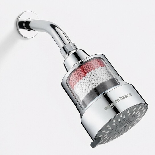 Amazon Basics Filtered Shower Head with 5 Spray Modes | Water Softener | ABS Material | Chrome Finish | 13.3L x 9.6W cm