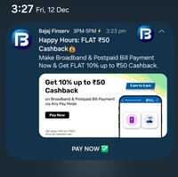 Bajaj Finserv - Flat Rs 10% Upto Rs 50  on broadband or postpaid billpayment ( 3pm - 5pm ) Today