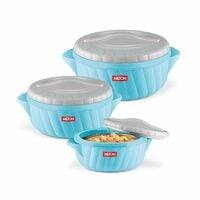 MILTON Flora Regular Set Insulated Inner Steel Casserole for Roti 3Pc (750ml 1.25L & 2.1L) Hot Box for Kitchen, Hot Pot with Lid, Chapati Box, Roti Casserole, Serving Boxes, Hotcase, Cyan Blue