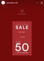 Rare Rabbit Countdown Sale - Flat 50 + 7% on Prepaid