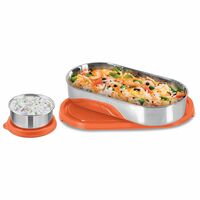 MILTON Steel Refresh Tiffin 650 Oval Container with Lid 675ml with Round Tiffin Box Steel 90ml, Lunch Box for Women, Lunch Box for Office Use, Tiffin Box for School, Orange