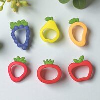 ARTO Silicone Baby Teething Toys Set, 4 Pack Fruit Shaped Teethers in Blue, Yellow, Pink, Red with Green Leaves, BPA-Free Infant Gum Soother