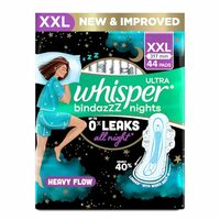 Whisper Bindazzz Nights 44 XXL Sanitary Pads, Upto 0% Leaks All Night Long, For Heavy Flow, Nearly 40% Longer with Wider Back, Active odor lock so you feel fresh, Disposable Wrapper