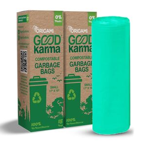 Good Karma Compostable & Eco Friendly Garbage Bags for Dustbin | Small Size Trash Bags 90 Count (15 Bags x 6 Rolls) | 17 x 19 Inches Strong Disposable Waste Bag | Suitable for Wet & Dry Waste - Green