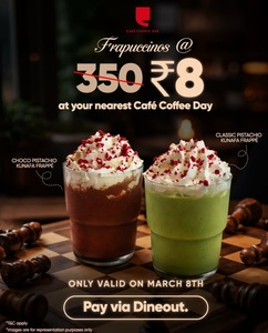 Swiggy Dineout : Café Coffee Day Women's Day Offer, Frappuccino at 8Rs (8th March)
