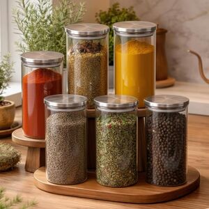 amazon basics 6 Pack Glass Containers for Kitchen | Glass Container Jar | Glass Jars for Kitchen Storage (1000ml) | Spice Containers for Kitchen | Airtight SS Lid | Kitchen Containers Jar Set