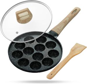 Lifelong Diecast Aluminum Paniyaram Pan | 12 Pits, 1.5kg | 0.54L | 25cm Diameter |Pan with Glass Lid & Wooden-Finish Handle | For Cupcakes, Appe & Paniyaram |Durable for Easy Cooking & Cleaning