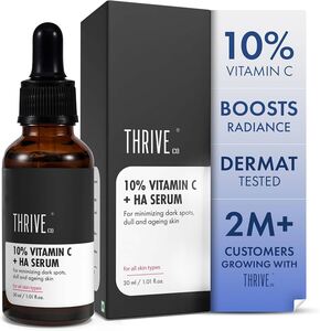 ThriveCo 10% Vitamin C Face Serum | Brightens Skin & Helps Reduce Dark Spots | With 33 kDa + 5 kDa Hyaluronic Acid | Boosts Hydration & Glow | For Men & Women | 30 ml 