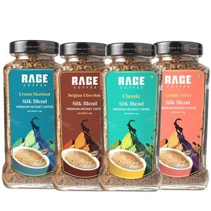 Rage Coffee Silk Blend Instant Coffee Combo Pack of 4 | Classic, Belgian Chocolate, Creamy Hazelnut & Vanilla Velvet | Premium Bold & Smooth Flavors | 120g Each Jar | 100% Arabica | Hot & Cold Brew - 480g