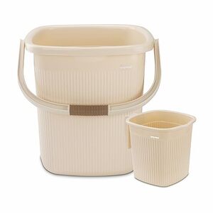 Nayasa Rimmy Plastic Bucket Set for Bathroom | Bucket and Mug (25 Liters & 1.5 Liters) | Bathroom Set of 2 | Bathroom Accessories Set | Bathroom Bucket Set | Ivory