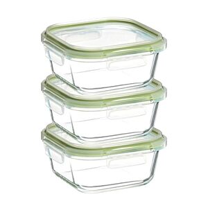 Amazon Brand - Solimo Borosilicate Glass Container with Lids for Kitchen/Tiffin (570ml Each) | Airtight & Leak-Proof | Freezer, Microwave & Dishwasher Safe (Square Shaped) (Set of 3) (Transparent)