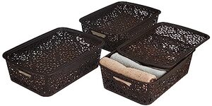 Amazon Brand - Solimo Royal Multipurpose Storage Basket With Lid- Medium (Set Of 3, Brown), Rectangular, Rattan