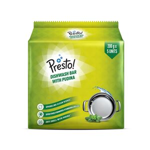 Amazon Brand - Presto! Dishwash Bar - Pudina | 200g | 5 Bars Each X Pack of 1 [Min 3]
