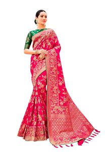 Monjolika Fashion Women's Banarasi Silk Blend Woven Zari With Tussles Saree and Jacquard Woven Blouse Piece (37765 color) (Magenta) 