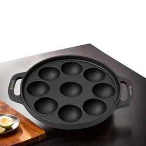 E-COSMOS® Pre Seasoned Cast Iron 9 Cavity Appam Patra, Paniyaram Pan Iron, Appam Pan, Pan Cake, Paddu, Appam Maker, Ponganal Maker, Appe and Litti Maker with 2 Side Handle, 23cm, Black (9 Cavity)