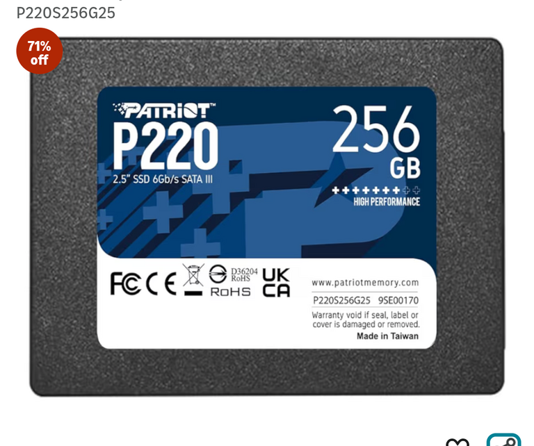 71% off on - Patriot Memory P220 256GB Internal SSD SATA  (location specific) - Rs. 2301