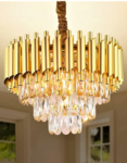  Desidiya Modern Crystal Pendant Light Golden Round Ceiling Light Fixture for Living Room and (Antique, 400mm) and 3 Colors Led Plate Included Warm White, Natural Light, Golden Light (400MM)