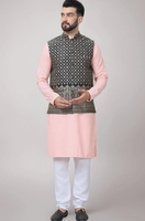 SOJANYA (Since 1958 Men's Cotton Linen Maroon Kurta and White Pyjama with Mustard Cotton Nehru Jacket