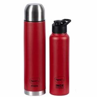 Pigeon by Stovekraft Therminox Stark Plus Vacuum Insulated Flask 1000ml + INOX Hydra Single Walled Fridge Bottle 900ml Bottle Combo, (Red) |Leak Proof|Kitchen|Travel|Office|Gym|Stainless Steel 