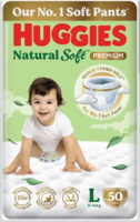 Huggies Natural Soft Premium Baby Diaper Pants, Our No.1 Soft Pants, Large (L) Size (9-14 Kgs), Pack of 50 diapers | Cloud Softness All over with India's 1st Cloud Touch BeltTM