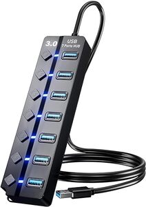 BERLAT 7-Port USB 3.0 Hub | 4ft Cable | Individual On/Off Switches | PC, Laptop, PS4/PS5 Compatible