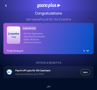 Get 25 supercoins + 2 months subscription of gaana plus for 1 rs.