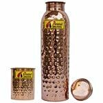 Frestol Copper Hammered Water Bottle with Glass (Bottle 950ml, Glass 200ml)