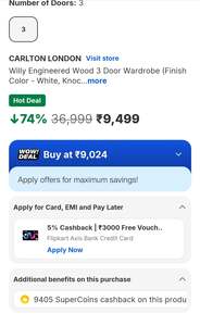 CARLTON LONDON Willy Engineered Wood 3 Door Wardrobe (Finish Color - White, Knock Down) -100% Supercoin Back 